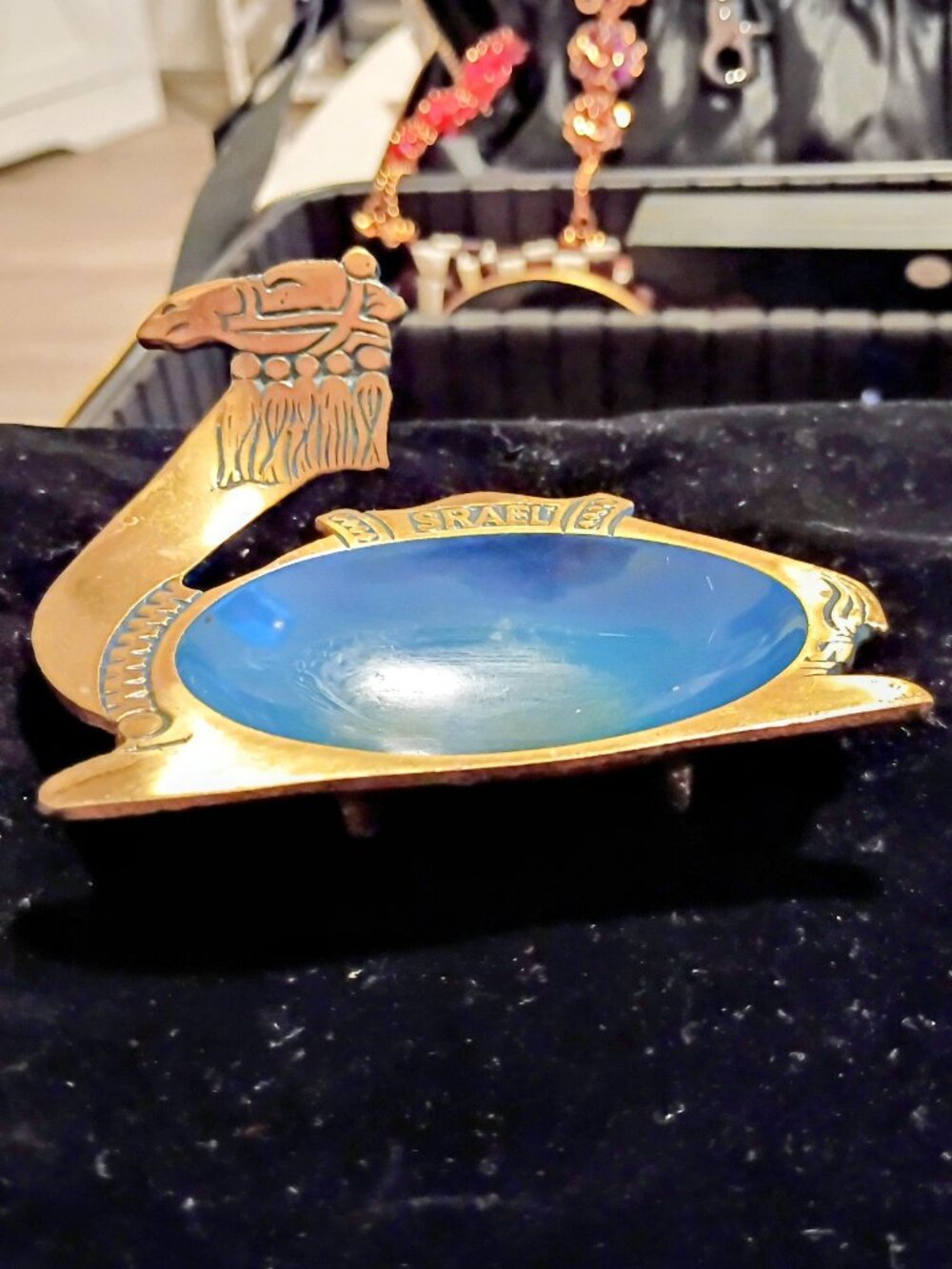 vintage mid-century brass and blue enamel camel ashtray made by Hakuli Israel